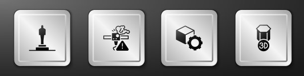 设置3D打印机模型、警告、等距立方体和图标。银广场按钮。向量图片下载