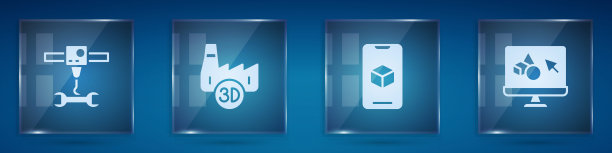 设置3D打印机扳手扳手，印刷厂行业，软件和。方形玻璃面板。向量图片下载