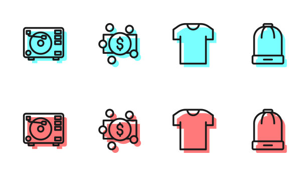 设置线t恤，乙烯基播放器与乙烯基磁盘，叠纸钱现金和冬季帽子图标。向量图片下载
