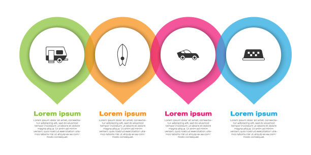 集房车露营拖车，冲浪板，汽车和出租车车顶。业务信息模板。向量图片下载