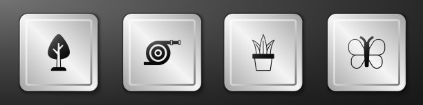 设置森林，花园软管，花盆和蝴蝶图标。银广场按钮。向量图片下载