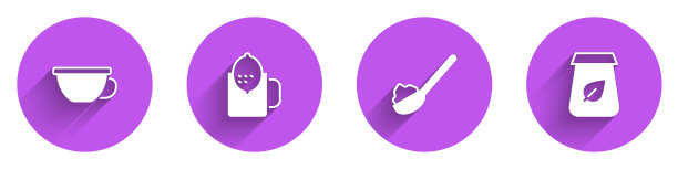 套杯茶，用柠檬，勺糖和茶包装图标长阴影。向量图片下载