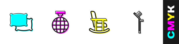 设置枕头，迪斯科球，摇椅和拐杖或拐杖图标。向量图片下载