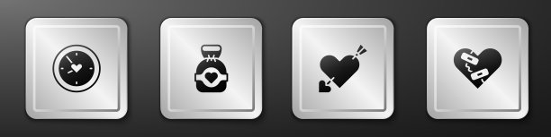 设置时钟与心脏，巧克力糖果，爱情箭和愈合的图标。银广场按钮。向量图片下载