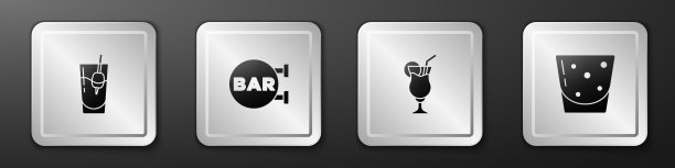 设置鸡尾酒血腥玛丽，街道招牌与酒吧，和杯子的朗姆酒图标。银广场按钮。向量图片下载