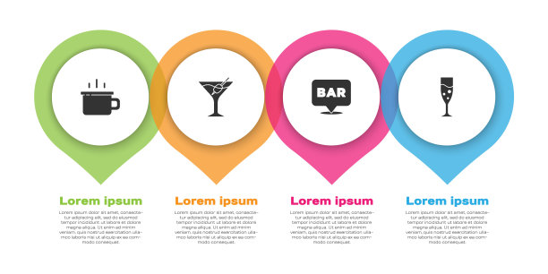 设置咖啡杯，马提尼杯，酒精酒吧位置和玻璃香槟。业务信息模板。向量图片下载