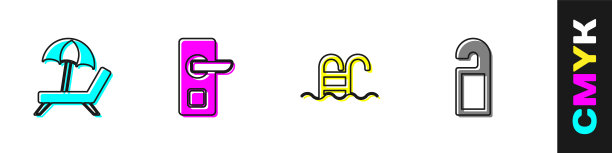 设置带伞日光浴床、数码门锁、游泳池及请勿打扰图标。向量图片下载