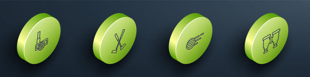 设置等距线高尔夫球杆与球，交叉高尔夫，和望远镜图标。向量图片下载