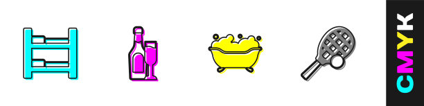 酒店客房床，香槟瓶，玻璃，浴缸和网球拍图标。向量图片下载