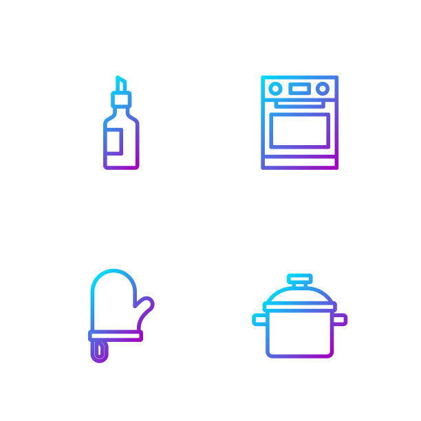 设置线煮锅，烤箱手套，橄榄油和瓶子。渐变颜色图标。向量图片下载