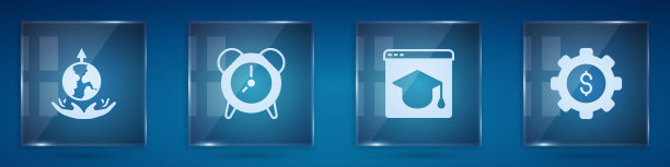 设置世界扩张，闹钟，在线教育和齿轮与美元。方形玻璃面板。向量图片下载