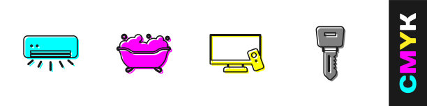 设置空调、浴缸、智能电视和酒店门锁图标。向量图片下载