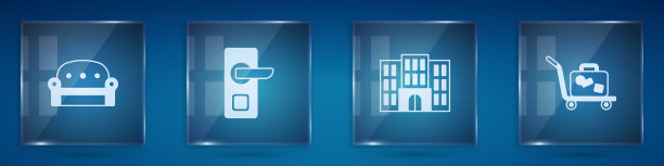 集沙发，数码门锁，酒店建筑和手推车行李箱于一体。方形玻璃面板。向量图片下载