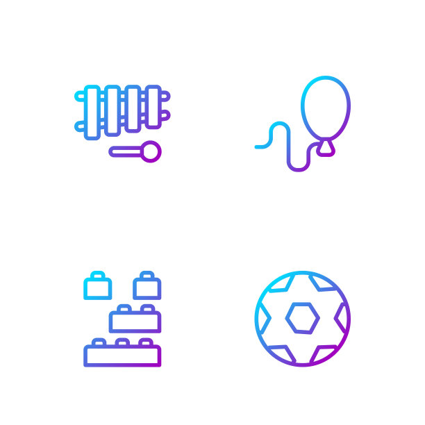 设置线足球足球，玩具积木，木琴和气球。渐变颜色图标。向量图片下载