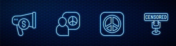 设置线和平，扩音器和美元，谈话和审查邮票。砖墙上闪烁的霓虹灯图标。向量图片下载