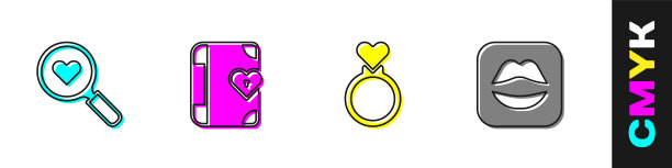 设置搜索心和爱，爱情日记，结婚戒指和微笑的嘴唇图标。向量图片下载