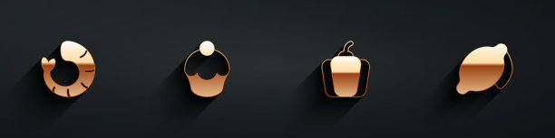 设置虾，松饼，甜椒和柠檬图标与长阴影。向量图片下载