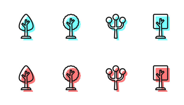 设置线开花树枝，森林，和图标。向量图片下载