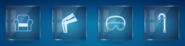 安装扶手椅，骨痛，眼罩和拐杖。方形玻璃面板。向量图片下载