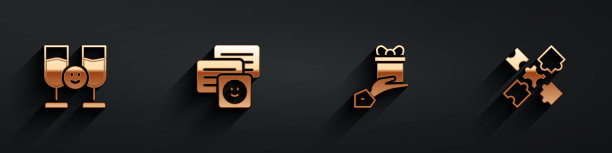 设置朋友喝酒，在笔记本电脑上聊天信息，送礼物和拼图玩具图标的长阴影。向量图片下载