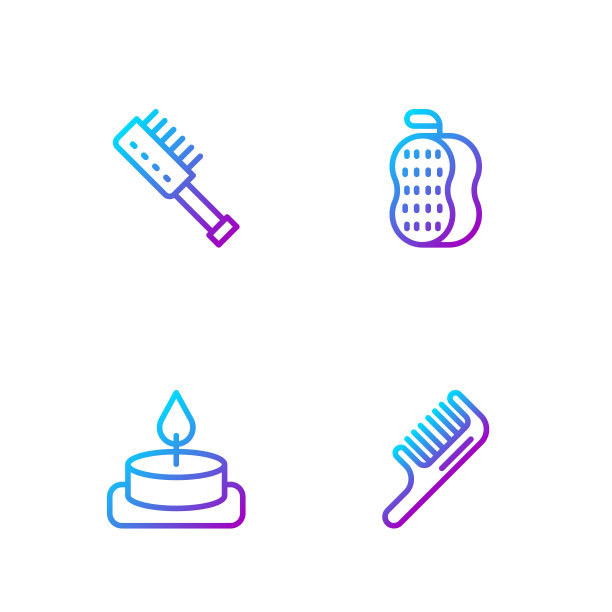 设置发刷、香薰蜡烛、桑拿、毛巾。渐变颜色图标。向量图片下载