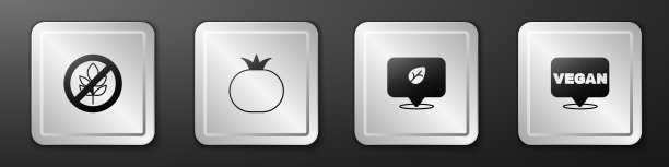 设置无麸质谷物，番茄，素食饮食和图标。银广场按钮。向量图片下载