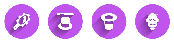 设置魔法手镜，帽子魔杖，和长阴影的恶魔角面具图标。向量图片下载