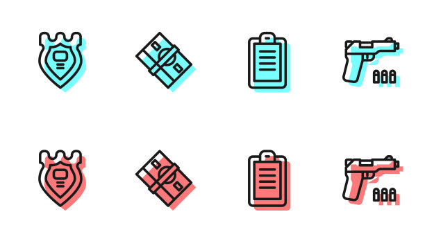 设置线警察报告，徽章，叠纸钱现金和手枪的图标。向量图片下载