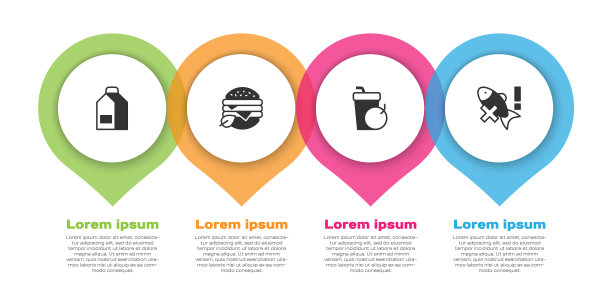 牛奶、纯素食品、鲜果昔、无鱼包装。业务信息模板。向量图片下载