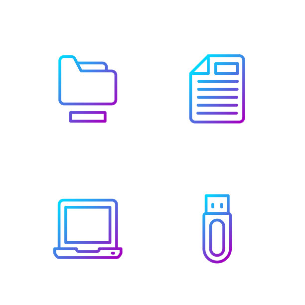 设置线路u盘、笔记本电脑、文件夹和文件文档。渐变颜色图标。向量图片下载