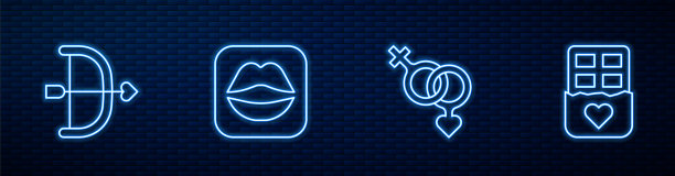 设置性别、弓箭、微笑嘴唇和巧克力棒。砖墙上闪烁的霓虹灯图标。向量图片下载