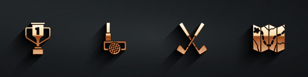 设置奖杯与高尔夫，高尔夫球杆球，交叉和球场布局图标与长阴影。向量图片下载