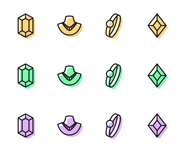 设置线钻石订婚戒指，宝石，项链人体模型和图标。向量图片下载