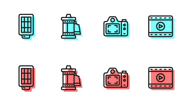 设置线照片相机，软盒灯，相机滚动墨盒和播放视频图标。向量图片下载