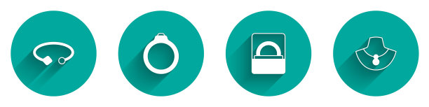 集手镯珠宝，钻石订婚戒指，盒子和项链人体模型图标与长阴影。向量图片下载