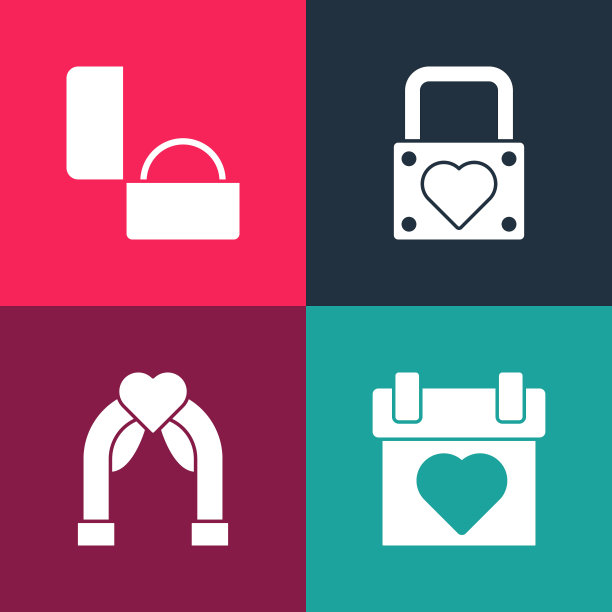 集流行艺术日历，婚礼拱门，锁和心脏和钻石订婚戒指图标。向量图片下载