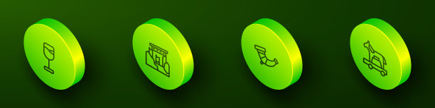 设置等距线酒杯，古代遗址，狩猎号角和特洛伊木马图标。向量图片下载