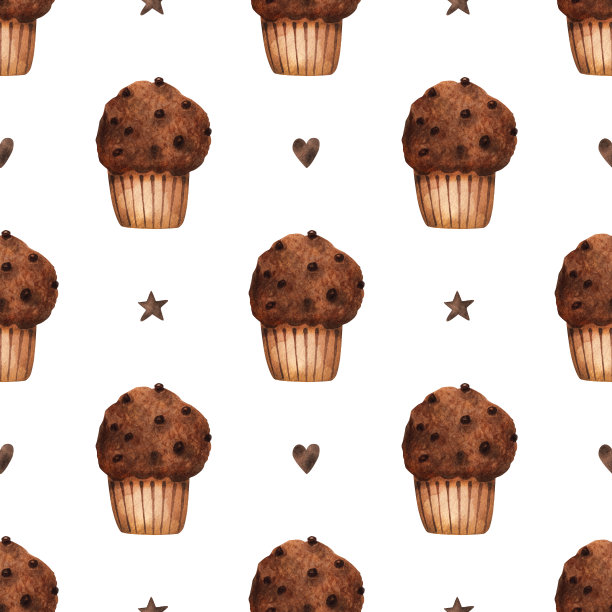 巧克力片纸杯蛋糕，无缝图案。水彩插图图片下载