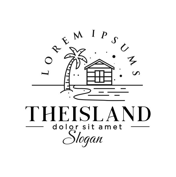 极简主义棕榈日落日出海滩设计线艺术图标矢量插图。热带岛屿上的海滩波浪，海滩线条艺术风格的椰子设计，平面灵感创意纹身图片下载