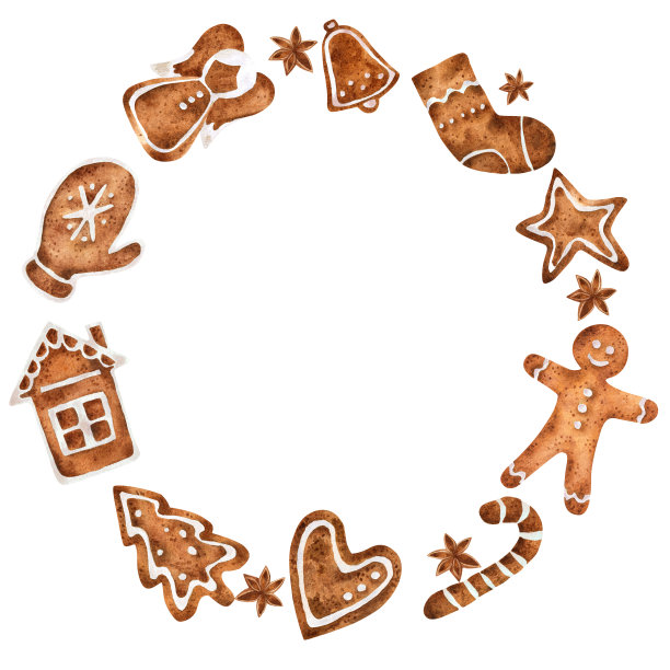 姜饼水彩帧。食物甜点装饰圣诞节，甜姜和饼干插图在白色背景图片下载