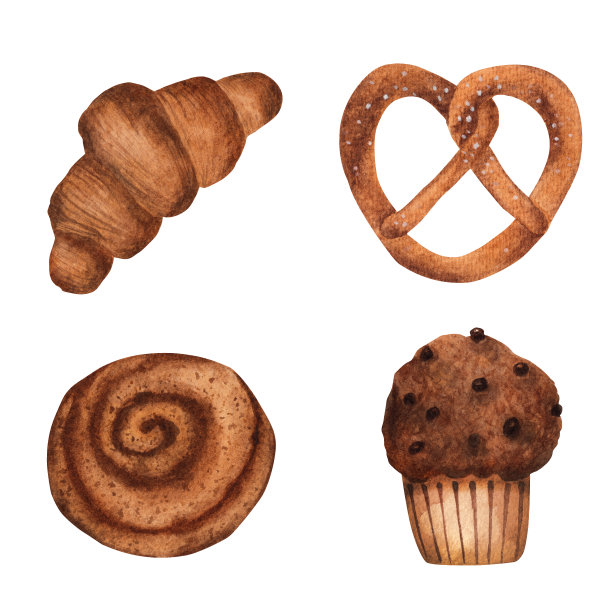 烘焙套装:椒盐卷饼，牛角面包，巧克力蛋糕，锡纳邦。水彩插图图片下载