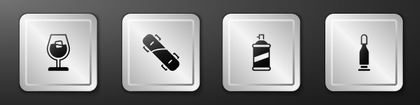 设置酒杯，滑板，喷漆罐和子弹图标。银广场按钮。向量图片下载