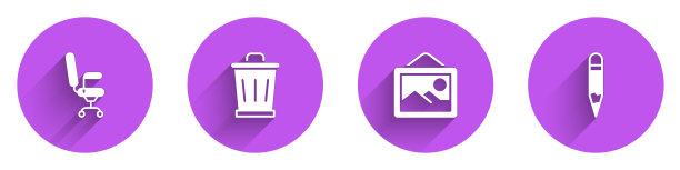 设置办公椅，垃圾桶，图片景观和铅笔图标与长阴影。向量图片下载