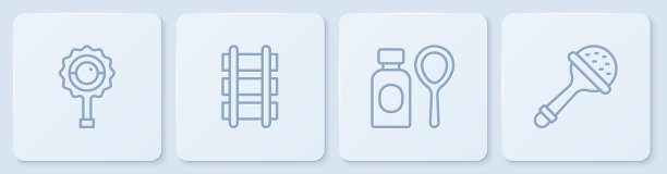 公司设有摇铃婴儿玩具、肥皂泡泡瓶、玩具铁路和。白色正方形按钮。向量图片下载