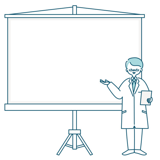 一个穿着白大褂的人在屏幕前解释。图片下载
