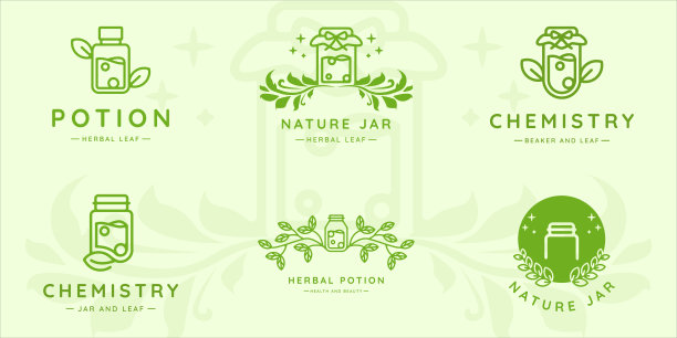集罐子和叶标志线艺术矢量插图模板图标图形设计。集各种草药药水与自然概念为一体的公司图片下载