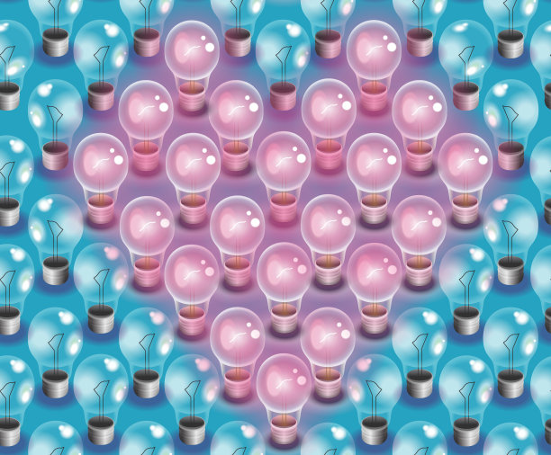 无缝图案:可爱的心形粉红色灯泡孤立在浅蓝色的背景上。浪漫插画为情人节，婚礼或建议包装，纺织品，墙纸等。用爱图片下载