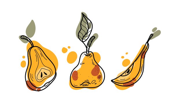 矢量多汁梨涂鸦插图，彩色形状和线孤立在白色背景上。装饰、菜单图标和贴纸的设计元素。图片下载