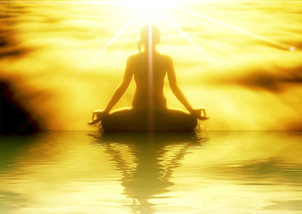 一个女人坐在水面和冥想在光的3D插图图片下载