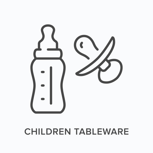 儿童餐具扁平线条图标：奶瓶和安抚奶嘴矢量轮廓插图。幼儿食品塑料餐具黑色细线条象形图图片下载